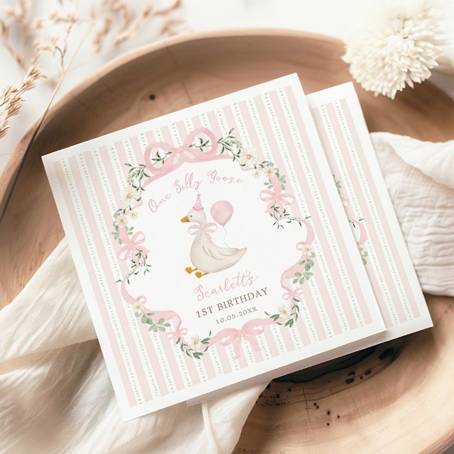 Pink One Silly Goose Coquette Bow 1st Birthday Pappersservett (Skapare uppladdad)