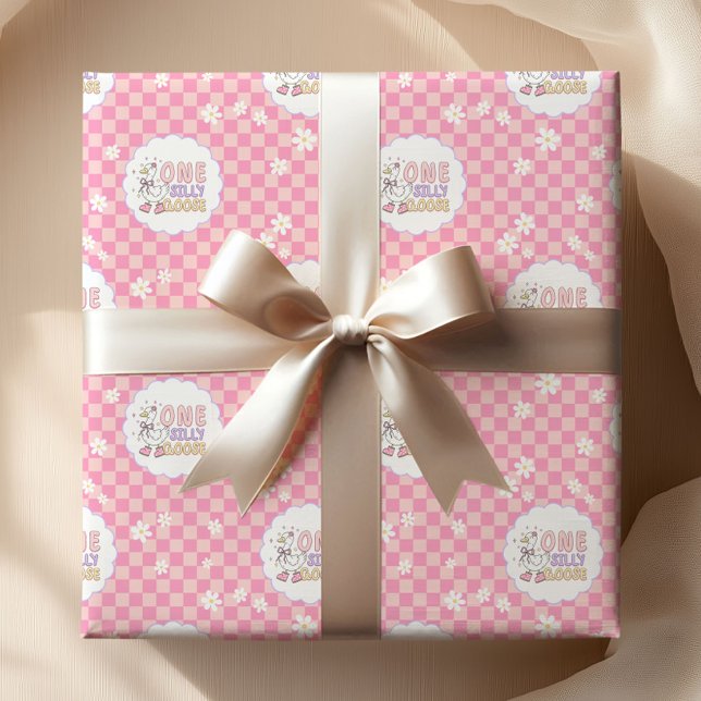Pink One Silly Goose-Girl's First Birthday  Presentpapper (Pink One Silly Goose Wrapping paper. Girl's First Birthday prop)