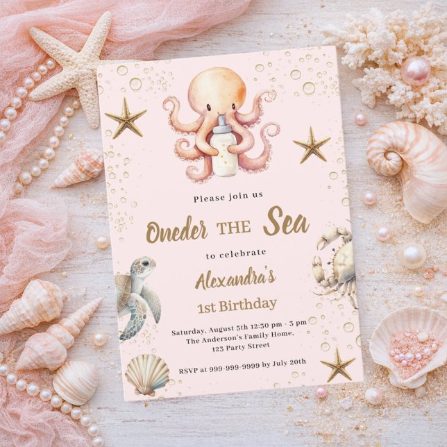 Pink oneder the sea ocean animal girl 1st Birthday Inbjudningar (Skapare uppladdad)