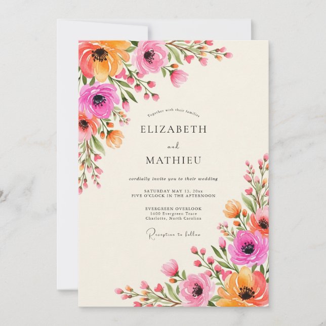 Pink Orange Floral Flourish Wedding Inbjudningar (Framsida)