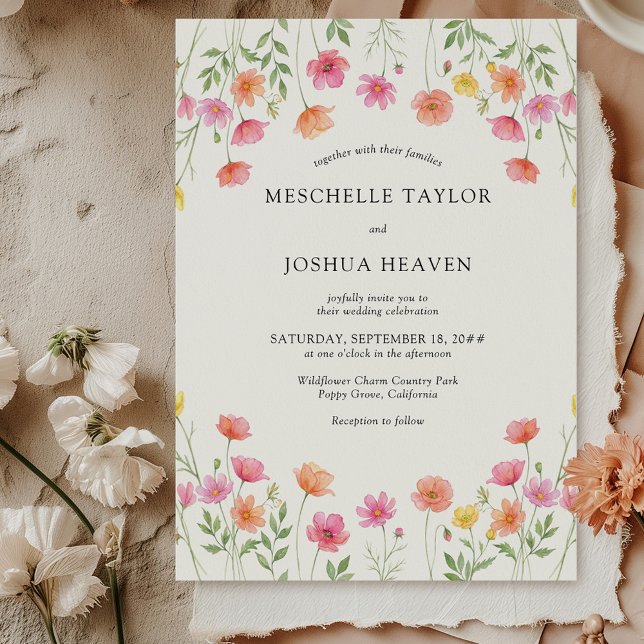 Pink Orange Floral Formal Wedding Inbjudningar (Pink Orange Floral Wedding Invitation from Wildflower Bloom collection by Darling & May)