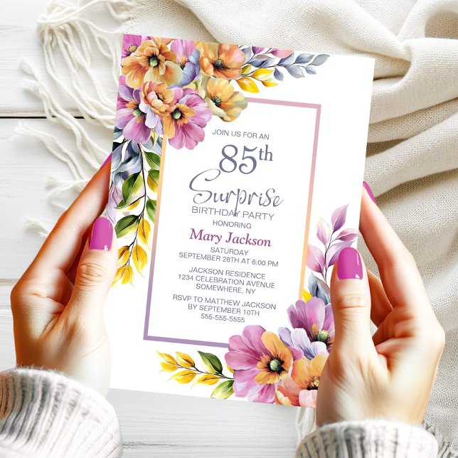 Pink Orange Floral Surprise 85th Birthday Party Inbjudningar (Skapare uppladdad)