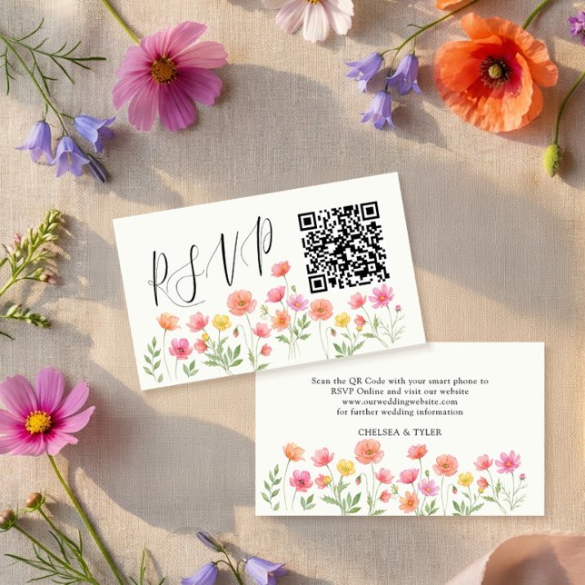 Pink Orange Floral Wedding RSVP QR Code Tilläggskort (QR Code enclosure card for online rsvp. Part of the Wildflower Bloom collection by Darling & May)