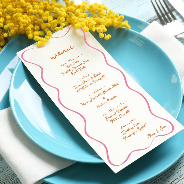 Pink & Orange Hand Drawn Curvy Border Wedding Menu Meny (Skapare uppladdad)