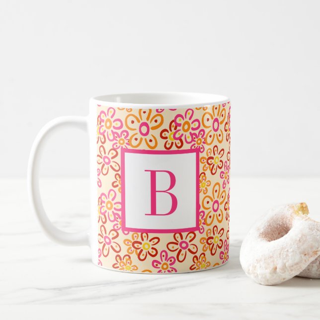 Pink Orange Retro Daisy Flowers Initial Monogram Kaffemugg (Med munk)