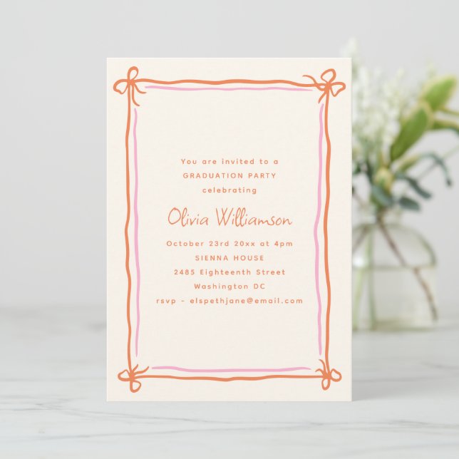 Pink Orange Whimsical Ribbon Bow Graduation Party Inbjudningar (Stående Fram)