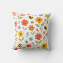 Pink Orange Yellow Floral and Bee Pattern  Kudde