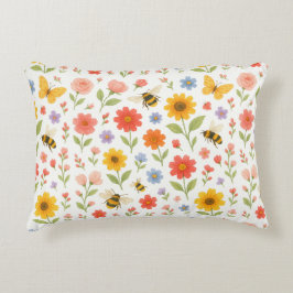 Pink Orange Yellow Floral and Bee Pattern  Prydnadskudde