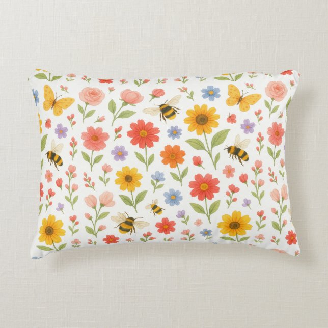 Pink Orange Yellow Floral and Bee Pattern  Prydnadskudde (Framsidan)