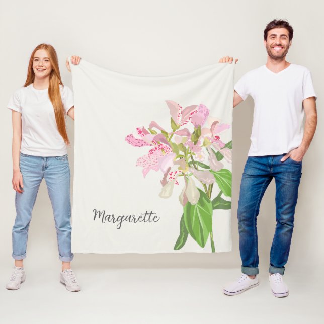 Pink Orchid Floral Design – Elegant Botanical Art Fleecefilt (På plats)