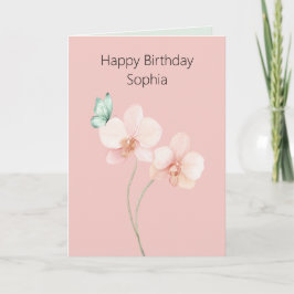 Pink Orchid Flowers Mint Green Butterfly Birthday Kort