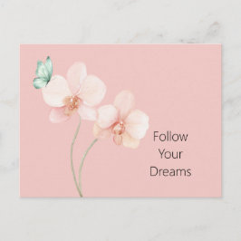 Pink Orchid Flowers Mint Green Butterfly Vykort