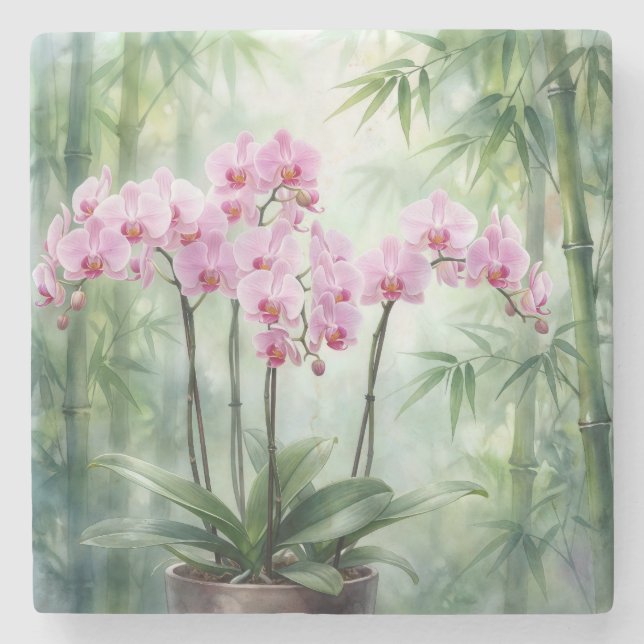Pink Orchid Plant On Bamboo Background Stenunderlägg (Framsidan)