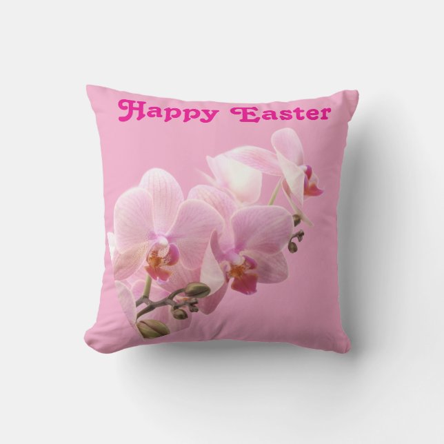 Pink Orchids “Happy Easter” Throw Pillow Kudde (Framsida)