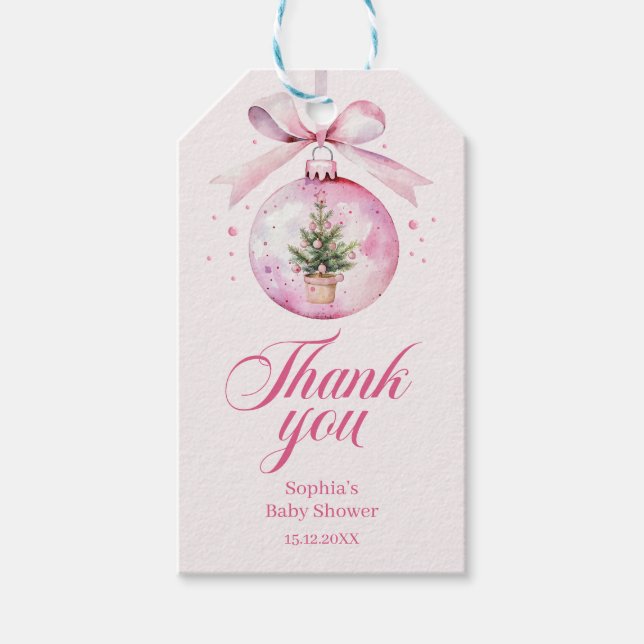 Pink Ornament Christmas Baby Shower Thank You Presentetikett (Framsidan)