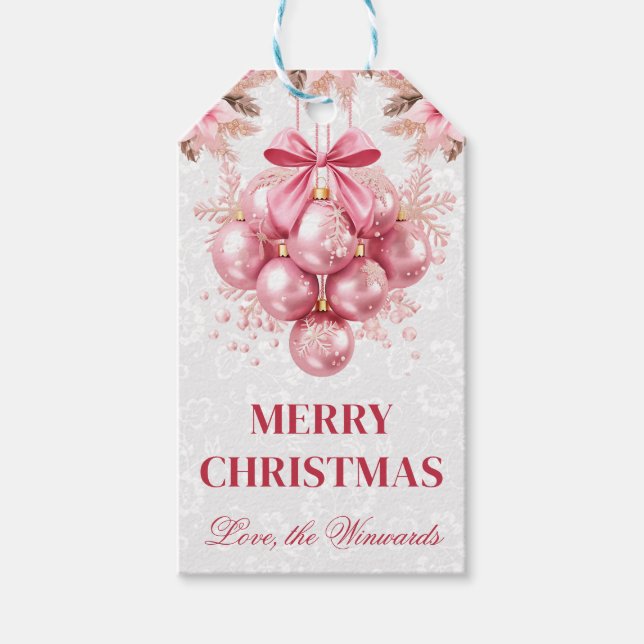 Pink Ornament Christmas Design with Snowflakes Presentetikett (Framsidan)