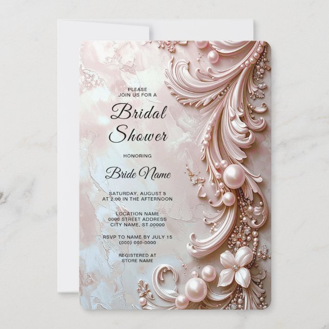 Pink Ornate Pearl and Floral Bridal Shower Inbjudningar (Framsida)