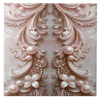 Pink Ornate Pearl and Floral Ceramic Tile Kakelplatta