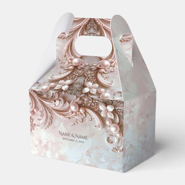 Pink Ornate Pearl and Floral Favor Box Presentaskar (Framsidan Sidan)