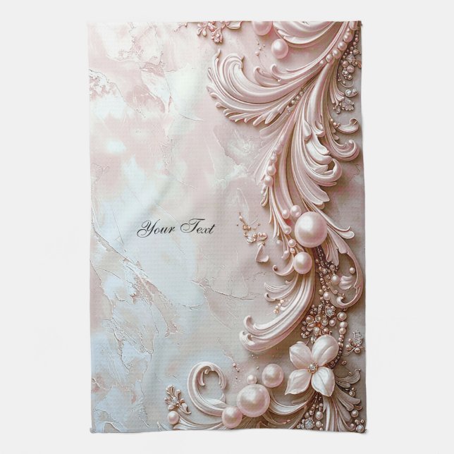 Pink Ornate Pearl and Floral Kitchen Towel Kökshandduk (Vertikal)