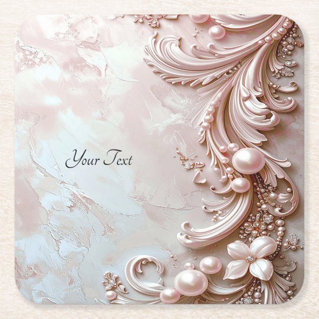 Pink Ornate Pearl and Floral Paper Coaster Underlägg Papper Kvadrat (Framsidan)