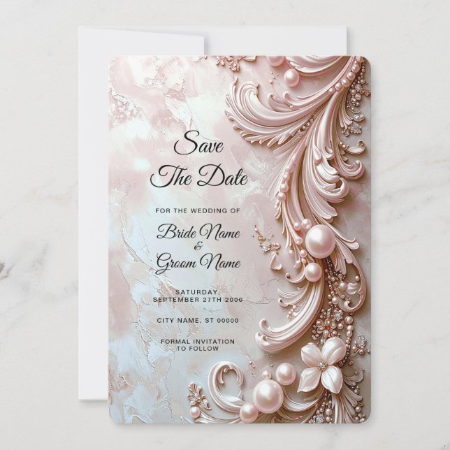 Pink Ornate Pearl and Floral Save the Date Spara Datumet (Framsida)