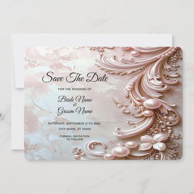 Pink Ornate Pearl and Floral Save The Date Spara Datumet (Framsida)