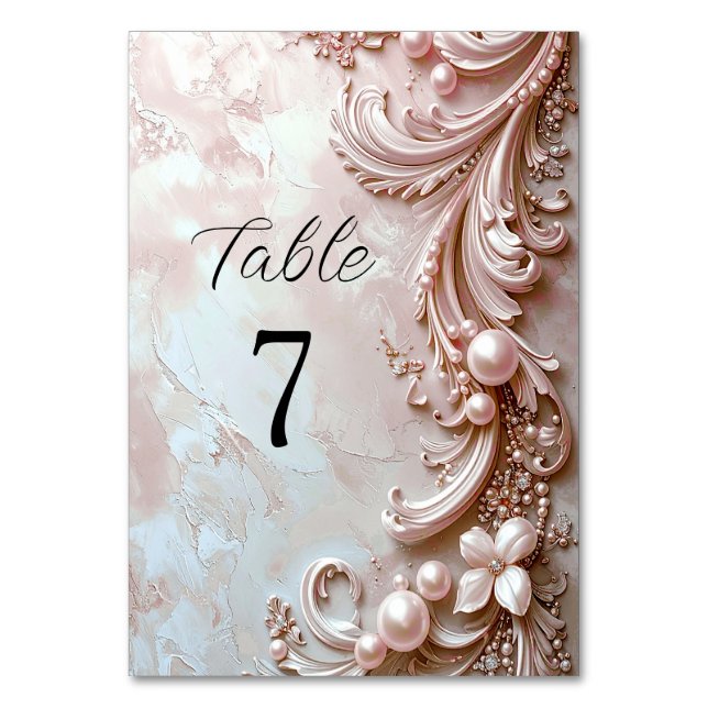 Pink Ornate Pearl and Floral Table Number Bordsnummer (Framsidan)