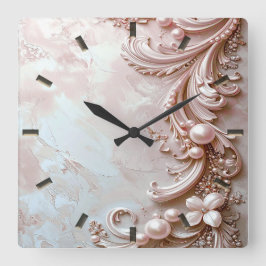 Pink Ornate Pearl and Floral Wall Clock Fyrkantig Klocka