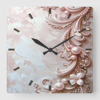 Pink Ornate Pearl and Floral Wall Clock Fyrkantig Klocka
