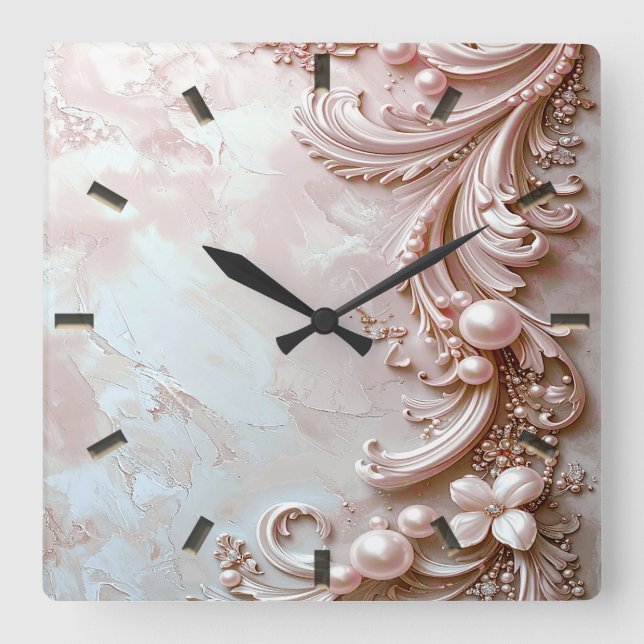 Pink Ornate Pearl and Floral Wall Clock Fyrkantig Klocka (Framsida)