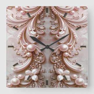 Pink Ornate Pearl and Floral Wall Clock Fyrkantig Klocka