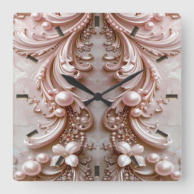 Pink Ornate Pearl and Floral Wall Clock Fyrkantig Klocka (Framsida)