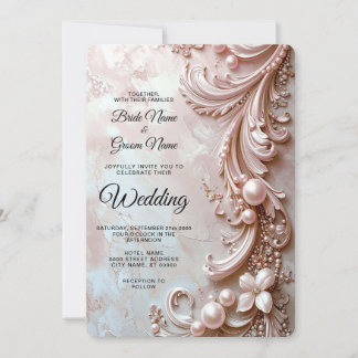 Pink Ornate Pearl and Floral Wedding Invitation Inbjudningar