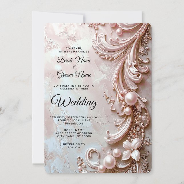 Pink Ornate Pearl and Floral Wedding Invitation Inbjudningar (Framsida)