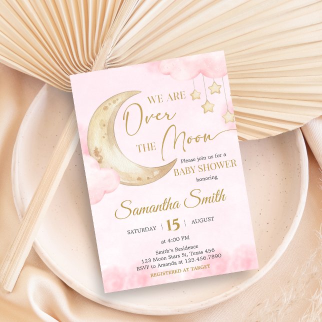 Pink Over the Moon Baby Shower  Inbjudningar (Over the Moon Baby Shower Invitation)