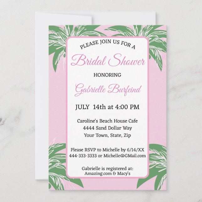 Pink Palm Bridal Shower Invitation | Tropical Palm Inbjudningar (Framsida)