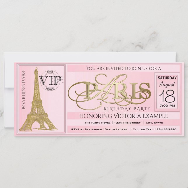 PInk Paris Födelsedagsfest Biljett Inbjudningar (Framsida)