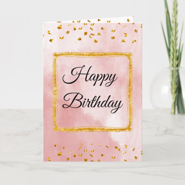 Pink Pastel Birthday Card with Gold Frame and Tins Kort (Framsida)