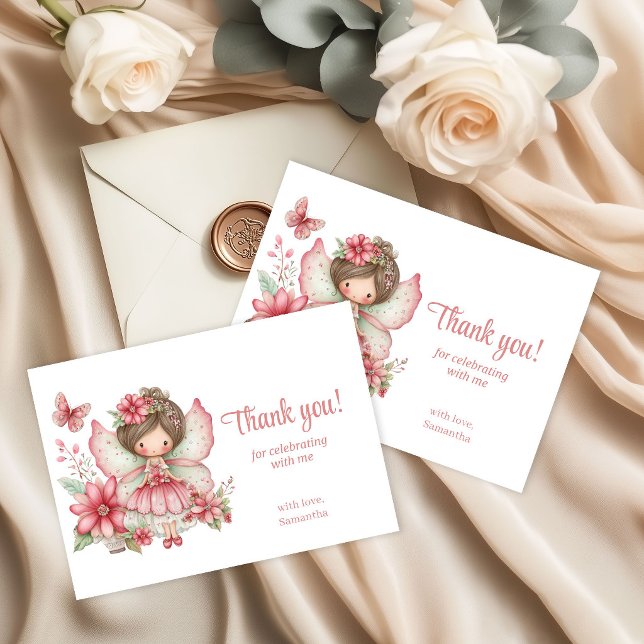 Pink Pastel Fairy Floral 8th Birthday Thank You  Tack Kort (Pink Pastel Fairy Floral 8th Birthday Thank You Card)