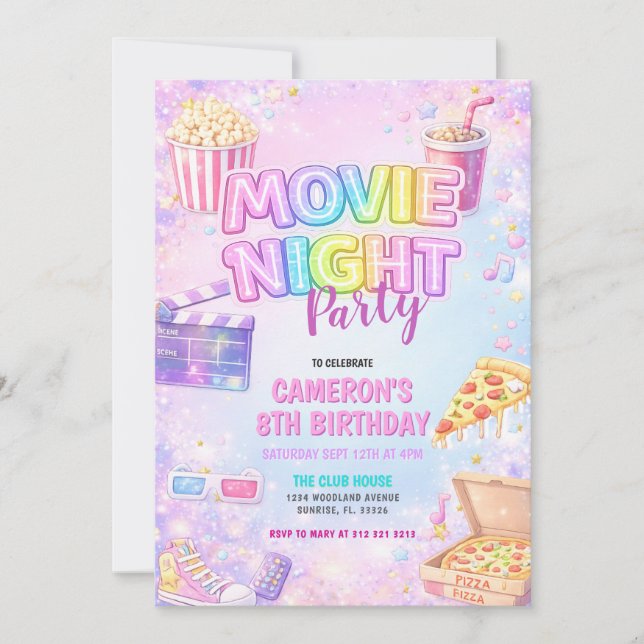 Pink Pastel Movie Night Birthday Party  Inbjudningar (Framsida)