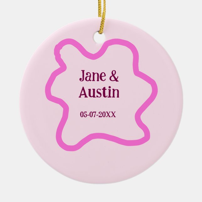 Pink pastel retro wedding border frame name date julgransprydnad keramik (Framsidan)