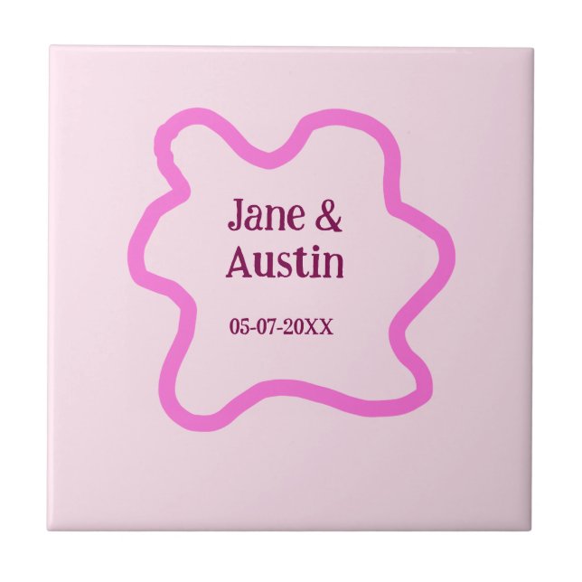 Pink pastel retro wedding border frame name date kakelplatta (Framsidan)
