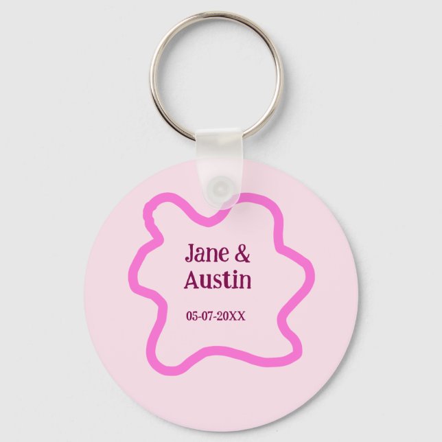 Pink pastel retro wedding border frame name date nyckelring (Framsida)