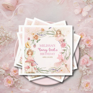 Pink Pastel Spring Garden Fairy First Birthday   Pappersservett