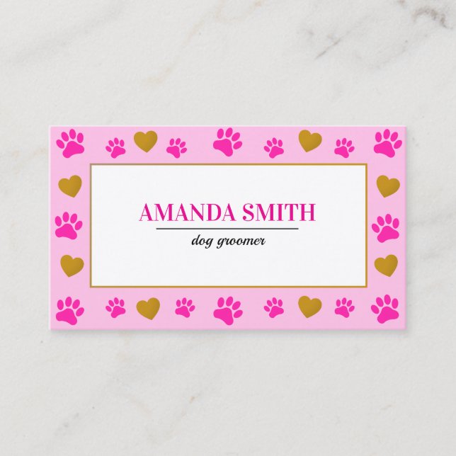 Pink Paw Prints Heart Dog Groomer Business Card Visitkort (Framsida)