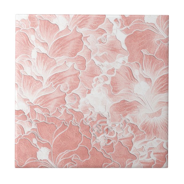 Pink, Peach, and White Floral Pattern Tile Kakelplatta (Framsidan)