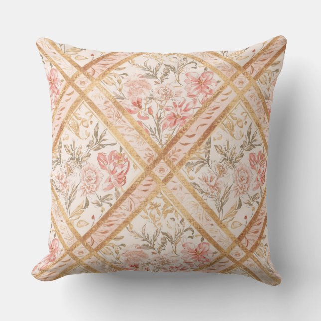 Pink Peach Florals Flowers Pattern and Ribbon Kudde (Framsida)