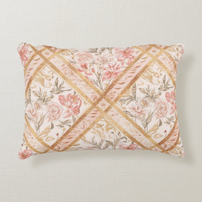 Pink Peach Florals Flowers Pattern and Ribbon Prydnadskudde (Framsidan)