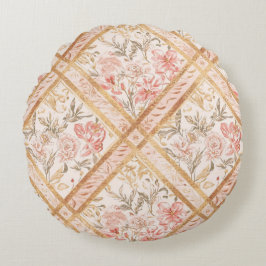 Pink Peach Florals Flowers Pattern and Ribbon Rund Kudde